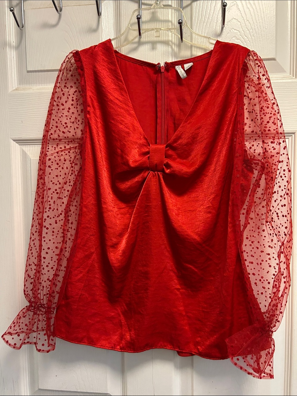 Cato Red Bow-Accent Sheer Dot Sleeve Blouse